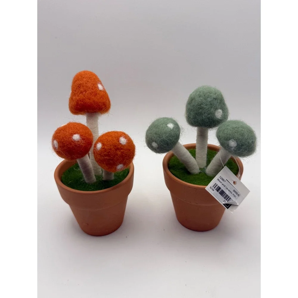 Wool and Ceramic Potted Mushroom Decor Set Orange Green Felted Toadstools 2pc